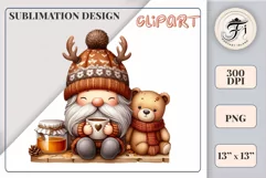 Explore our charming clipart featuring a cozy gnome and a playful bear cub on a transparent background. Perfect for autumn-themed designs, this whimsical illustration captures the essence of fall, ideal for invitations, scrapbooking and social media graph