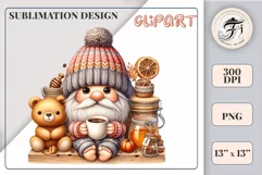 Explore our charming clipart featuring a cozy gnome and a playful bear cub on a transparent background. Perfect for autumn-themed designs, this whimsical illustration captures the essence of fall, ideal for invitations, scrapbooking and social media graph
