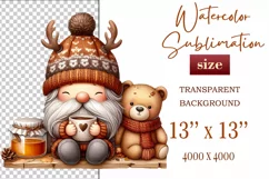 Explore our charming clipart featuring a cozy gnome and a playful bear cub on a transparent background. Perfect for autumn-themed designs, this whimsical illustration captures the essence of fall, ideal for invitations, scrapbooking and social media graph