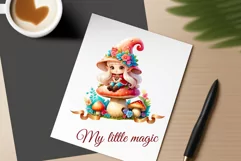 Discover adorable clipart of a cute gnome girl sitting on a mushroom, ideal for enhancing children's books, greeting cards, posters, and websites with charm and magic. High-quality image with vibrant colors for memorable designs.