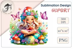 Discover adorable clipart of a cute gnome girl sitting on a mushroom, ideal for enhancing children's books, greeting cards, posters, and websites with charm and magic. High-quality image with vibrant colors for memorable designs.