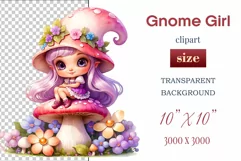 Discover adorable clipart of a cute gnome girl sitting on a mushroom, ideal for enhancing children's books, greeting cards, posters, and websites with charm and magic. High-quality image with vibrant colors for memorable designs.