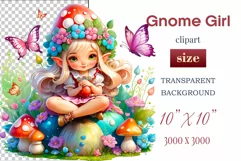 Discover adorable clipart of a cute gnome girl sitting on a mushroom, ideal for enhancing children's books, greeting cards, posters, and websites with charm and magic. High-quality image with vibrant colors for memorable designs.