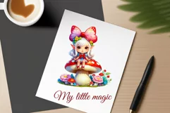 Discover adorable clipart of a cute gnome girl sitting on a mushroom, ideal for enhancing children's books, greeting cards, posters, and websites with charm and magic. High-quality image with vibrant colors for memorable designs.