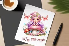 Discover adorable clipart of a cute gnome girl sitting on a mushroom, ideal for enhancing children's books, greeting cards, posters, and websites with charm and magic. High-quality image with vibrant colors for memorable designs.