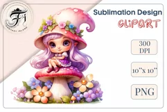Discover adorable clipart of a cute gnome girl sitting on a mushroom, ideal for enhancing children's books, greeting cards, posters, and websites with charm and magic. High-quality image with vibrant colors for memorable designs.
