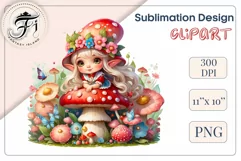 Discover adorable clipart of a cute gnome girl sitting on a mushroom, ideal for enhancing children's books, greeting cards, posters, and websites with charm and magic. High-quality image with vibrant colors for memorable designs.