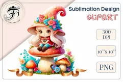Discover adorable clipart of a cute gnome girl sitting on a mushroom, ideal for enhancing children's books, greeting cards, posters, and websites with charm and magic. High-quality image with vibrant colors for memorable designs.