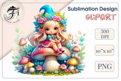 Discover adorable clipart of a cute gnome girl sitting on a mushroom, ideal for enhancing children's books, greeting cards, posters, and websites with charm and magic. High-quality image with vibrant colors for memorable designs.