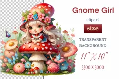 Discover adorable clipart of a cute gnome girl sitting on a mushroom, ideal for enhancing children's books, greeting cards, posters, and websites with charm and magic. High-quality image with vibrant colors for memorable designs.