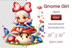 Discover adorable clipart of a cute gnome girl sitting on a mushroom, ideal for enhancing children's books, greeting cards, posters, and websites with charm and magic. High-quality image with vibrant colors for memorable designs.