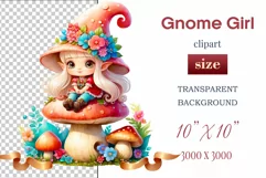 Discover adorable clipart of a cute gnome girl sitting on a mushroom, ideal for enhancing children's books, greeting cards, posters, and websites with charm and magic. High-quality image with vibrant colors for memorable designs.