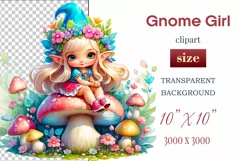 Discover adorable clipart of a cute gnome girl sitting on a mushroom, ideal for enhancing children's books, greeting cards, posters, and websites with charm and magic. High-quality image with vibrant colors for memorable designs.