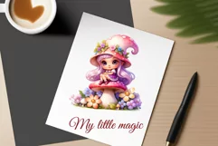 Discover adorable clipart of a cute gnome girl sitting on a mushroom, ideal for enhancing children's books, greeting cards, posters, and websites with charm and magic. High-quality image with vibrant colors for memorable designs.