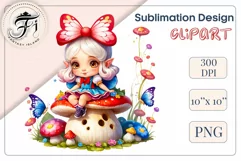 Discover adorable clipart of a cute gnome girl sitting on a mushroom, ideal for enhancing children's books, greeting cards, posters, and websites with charm and magic. High-quality image with vibrant colors for memorable designs.
