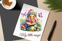Discover adorable clipart of a cute gnome girl sitting on a mushroom, ideal for enhancing children's books, greeting cards, posters, and websites with charm and magic. High-quality image with vibrant colors for memorable designs.