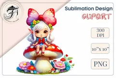 Discover adorable clipart of a cute gnome girl sitting on a mushroom, ideal for enhancing children's books, greeting cards, posters, and websites with charm and magic. High-quality image with vibrant colors for memorable designs.