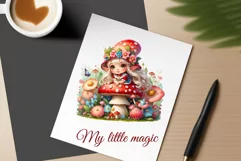 Discover adorable clipart of a cute gnome girl sitting on a mushroom, ideal for enhancing children's books, greeting cards, posters, and websites with charm and magic. High-quality image with vibrant colors for memorable designs.