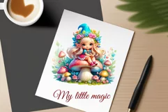 Discover adorable clipart of a cute gnome girl sitting on a mushroom, ideal for enhancing children's books, greeting cards, posters, and websites with charm and magic. High-quality image with vibrant colors for memorable designs.