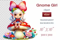 Discover adorable clipart of a cute gnome girl sitting on a mushroom, ideal for enhancing children's books, greeting cards, posters, and websites with charm and magic. High-quality image with vibrant colors for memorable designs.
