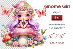 Discover adorable clipart of a cute gnome girl sitting on a mushroom, ideal for enhancing children's books, greeting cards, posters, and websites with charm and magic. High-quality image with vibrant colors for memorable designs.