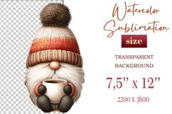 Discover a cozy autumn mood with this cute gnome holding a cup of coffee. Perfect for fall designs, scrapbooking and coffee lovers. PNG with transparent background.