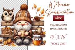 Discover a cozy autumn mood with this cute gnome holding a cup of coffee. Perfect for fall designs, scrapbooking and coffee lovers. PNG with transparent background.
