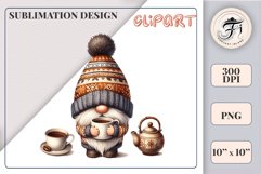 Discover a cozy autumn mood with this cute gnome holding a cup of coffee. Perfect for fall designs, scrapbooking and coffee lovers. PNG with transparent background.