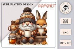 Discover a cozy autumn mood with this cute gnome holding a cup of coffee. Perfect for fall designs, scrapbooking and coffee lovers. PNG with transparent background.