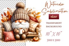 Discover a cozy autumn mood with this cute gnome holding a cup of coffee. Perfect for fall designs, scrapbooking, and coffee lovers. PNG with transparent background.