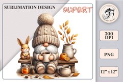 Discover a cozy autumn mood with this cute gnome holding a cup of coffee. Perfect for fall designs, scrapbooking and coffee lovers. PNG with transparent background.