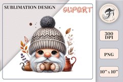 Discover a cozy autumn mood with this cute gnome holding a cup of coffee. Perfect for fall designs, scrapbooking and coffee lovers. PNG with transparent background.
