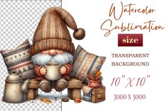 Discover a cozy autumn mood with this cute gnome holding a cup of coffee. Perfect for fall designs, scrapbooking and coffee lovers. PNG with transparent background.