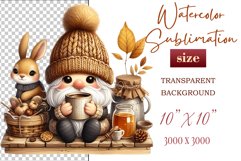 Discover a cozy autumn mood with this cute gnome holding a cup of coffee. Perfect for fall designs, scrapbooking and coffee lovers. PNG with transparent background.