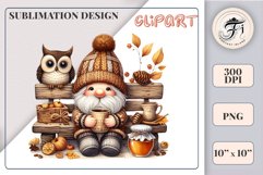 Discover a cozy autumn mood with this cute gnome holding a cup of coffee. Perfect for fall designs, scrapbooking and coffee lovers. PNG with transparent background.