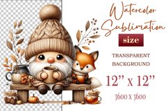 Discover a cozy autumn mood with this cute gnome holding a cup of coffee. Perfect for fall designs, scrapbooking and coffee lovers. PNG with transparent background.