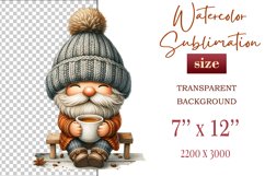 Discover a cozy autumn mood with this cute gnome holding a cup of coffee. Perfect for fall designs, scrapbooking and coffee lovers. PNG with transparent background.