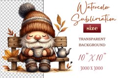 Discover a cozy autumn mood with this cute gnome holding a cup of coffee. Perfect for fall designs, scrapbooking, and coffee lovers. PNG with transparent background.