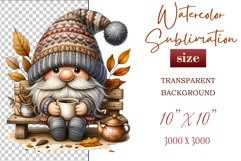 Discover a cozy autumn mood with this cute gnome holding a cup of coffee. Perfect for fall designs, scrapbooking and coffee lovers. PNG with transparent background.