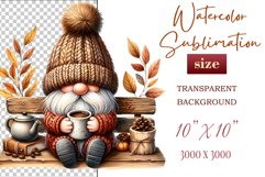 Discover a cozy autumn mood with this cute gnome holding a cup of coffee. Perfect for fall designs, scrapbooking, and coffee lovers. PNG with transparent background.