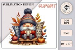 Discover a cozy autumn mood with this cute gnome holding a cup of coffee. Perfect for fall designs, scrapbooking and coffee lovers. PNG with transparent background.