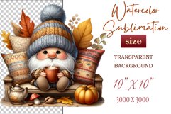 Discover a cozy autumn mood with this cute gnome holding a cup of coffee. Perfect for fall designs, scrapbooking and coffee lovers. PNG with transparent background.