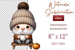 Discover a cozy autumn mood with this cute gnome holding a cup of coffee. Perfect for fall designs, scrapbooking and coffee lovers. PNG with transparent background.