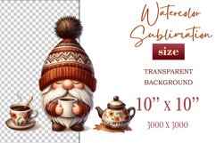 Discover a cozy autumn mood with this cute gnome holding a cup of coffee. Perfect for fall designs, scrapbooking and coffee lovers. PNG with transparent background.