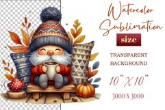 Discover a cozy autumn mood with this cute gnome holding a cup of coffee. Perfect for fall designs, scrapbooking and coffee lovers. PNG with transparent background.