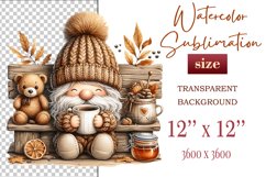 Discover a cozy autumn mood with this cute gnome holding a cup of coffee. Perfect for fall designs, scrapbooking and coffee lovers. PNG with transparent background.