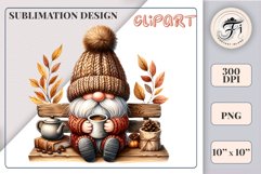 Discover a cozy autumn mood with this cute gnome holding a cup of coffee. Perfect for fall designs, scrapbooking, and coffee lovers. PNG with transparent background.