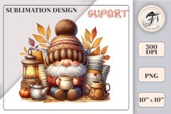 Discover a cozy autumn mood with this cute gnome holding a cup of coffee. Perfect for fall designs, scrapbooking and coffee lovers. PNG with transparent background.