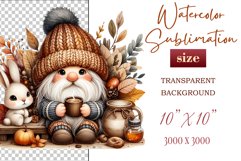 Discover a cozy autumn mood with this cute gnome holding a cup of coffee. Perfect for fall designs, scrapbooking and coffee lovers. PNG with transparent background.