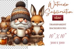 Discover a cozy autumn mood with this cute gnome holding a cup of coffee. Perfect for fall designs, scrapbooking and coffee lovers. PNG with transparent background.